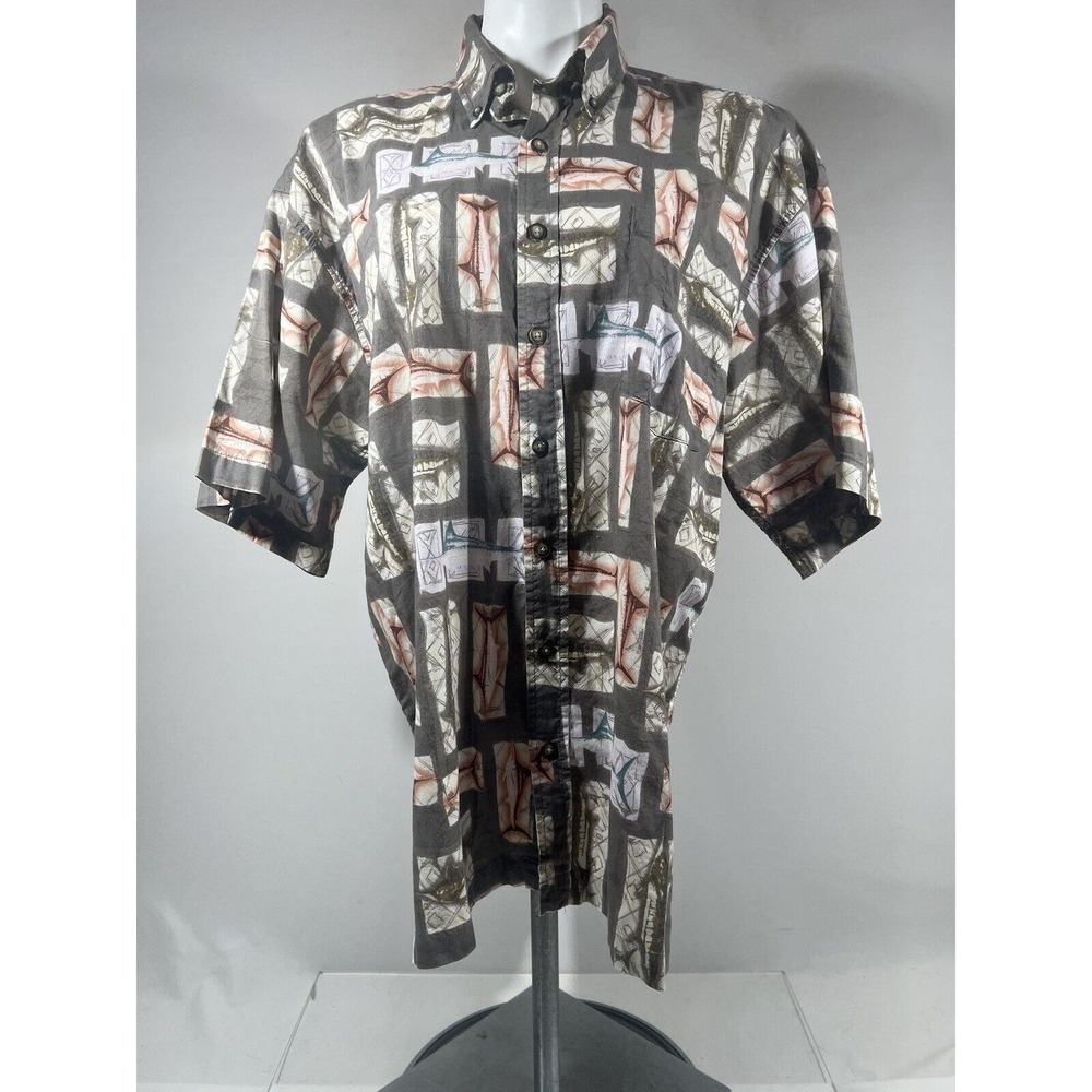 Sportif Men's Casual Button Down Shirt Large Multi Color Marlin Print Cotton‎